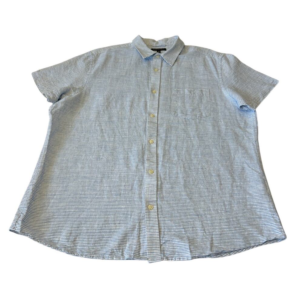 Banana Republic Men's Button Shirt Linen Blend Sz XL Blue Striped Short Sleeve